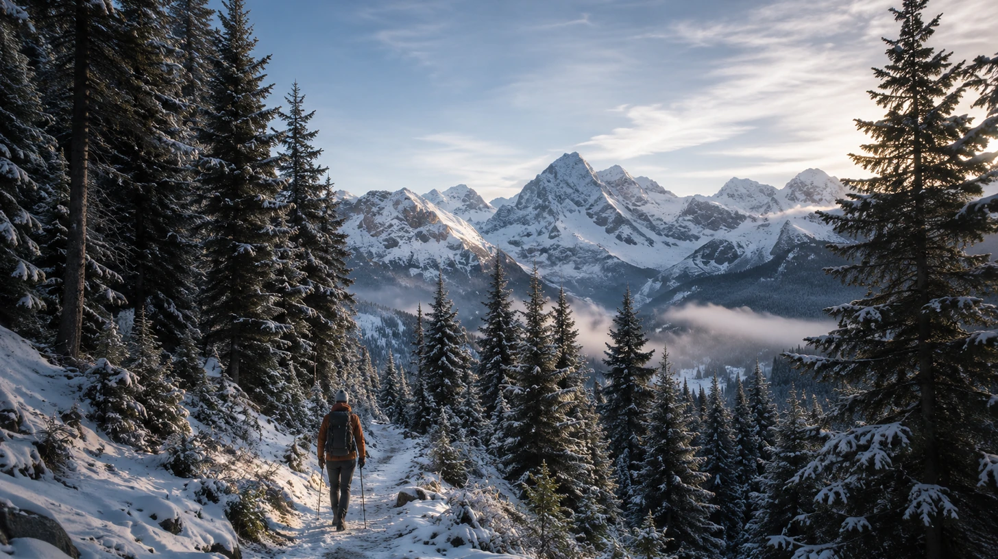 Wanderweg im Fichtenwald mit Schneebergen weltweit