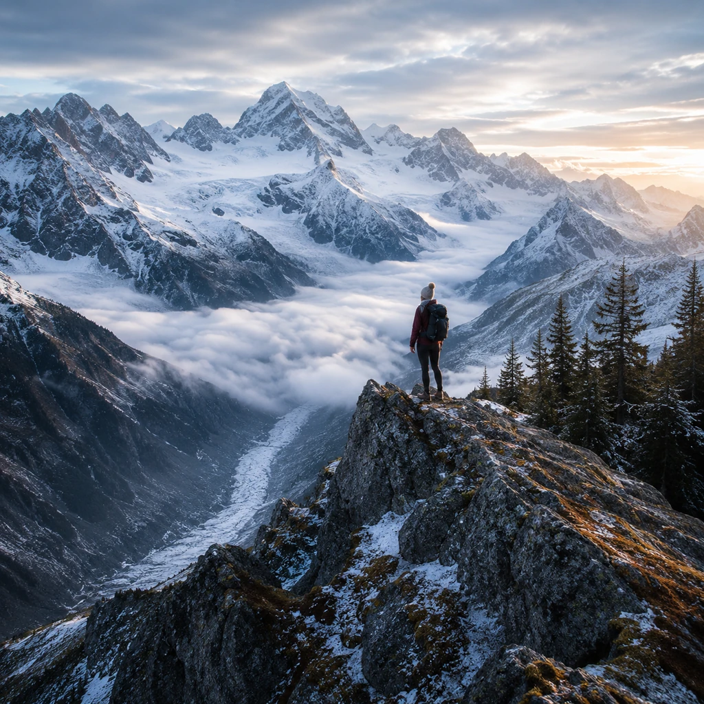 Hochgebirge weltweit mit Gletscherblick und Felsgrat
