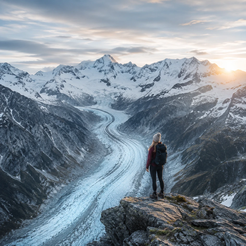Eisblaue Gletscher und graue Felsgrate in hohen Gebirgen