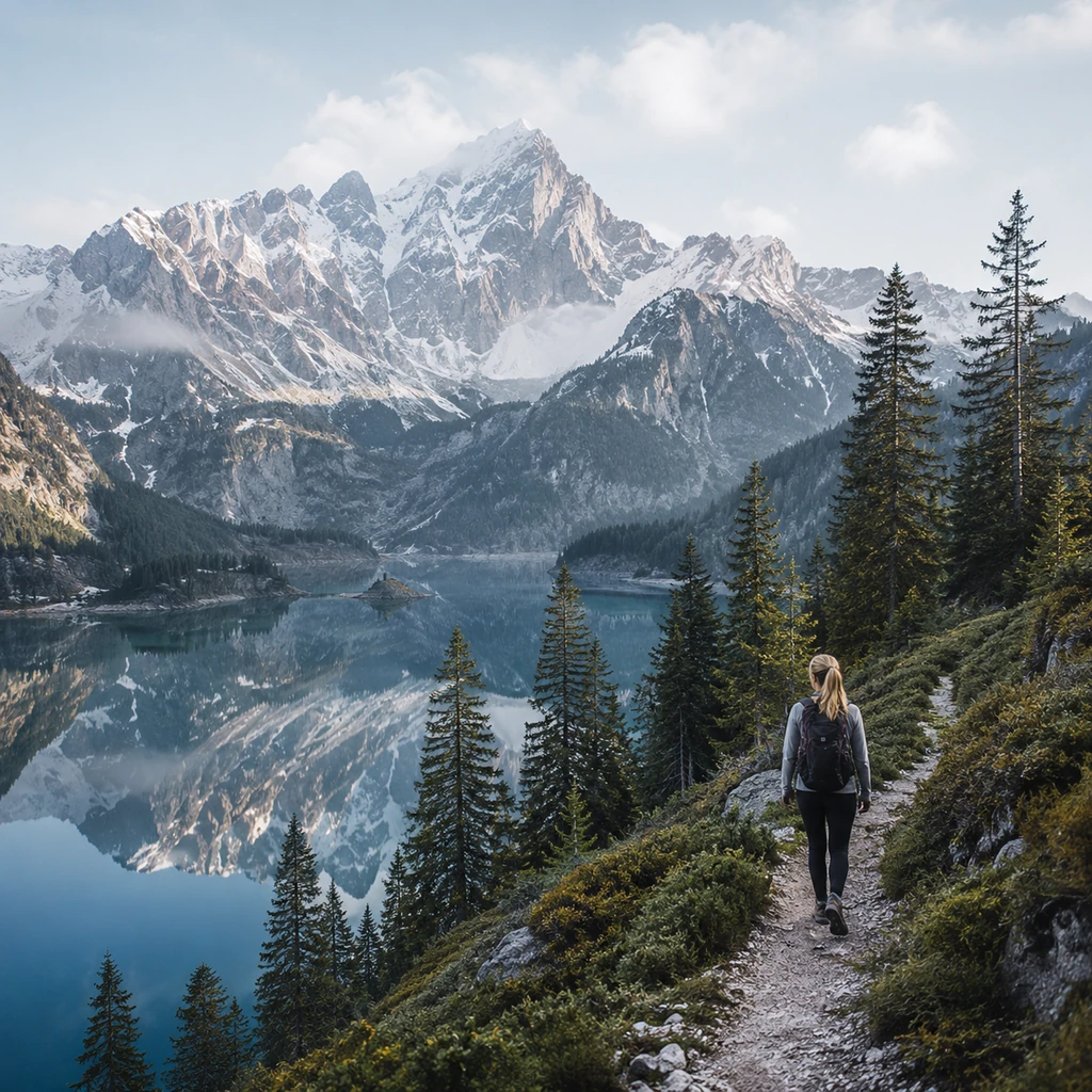 Bergsee mit verschneiten Gipfeln und internationalem Wanderpfad