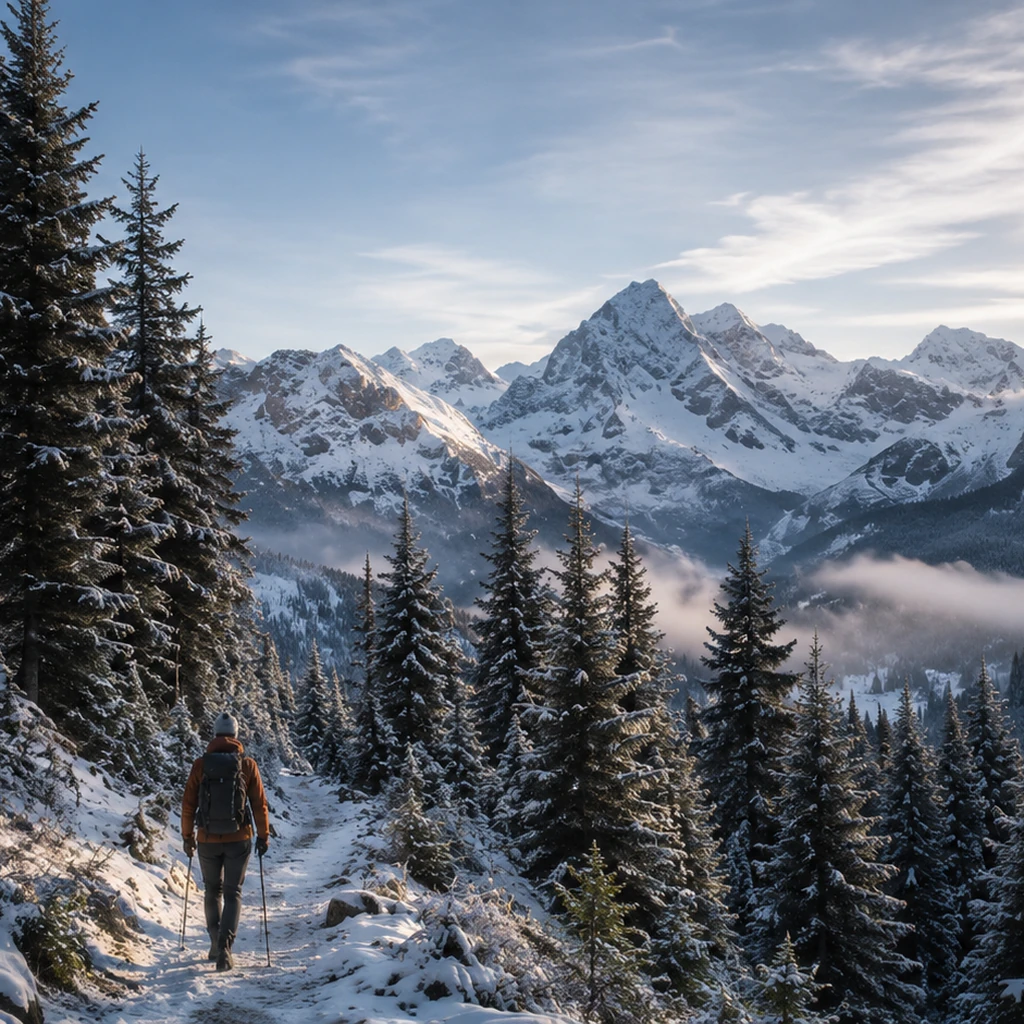Wandernde Person auf einem internationalen Bergpfad mit Fichtenwald
